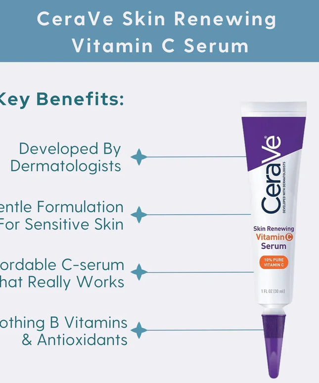 CeraVe Skin Renewing 10% Pure Vitamin C Serum with Ceramides for Brighter & Smoother Skin 30ml