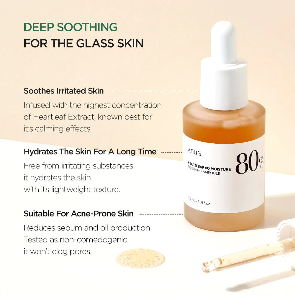 Anua Heartleaf 80 Moisture Soothing Facial Ampoule For Combination, Sensitive & Acne Prone Skin 30ml